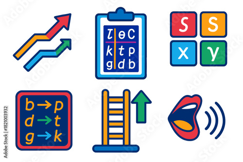 Phonetic Law Icons. Isometric vector illustration set Sound Change Laws: Grimm’s law arrows, phonetic chart, IPA symbols, shifting