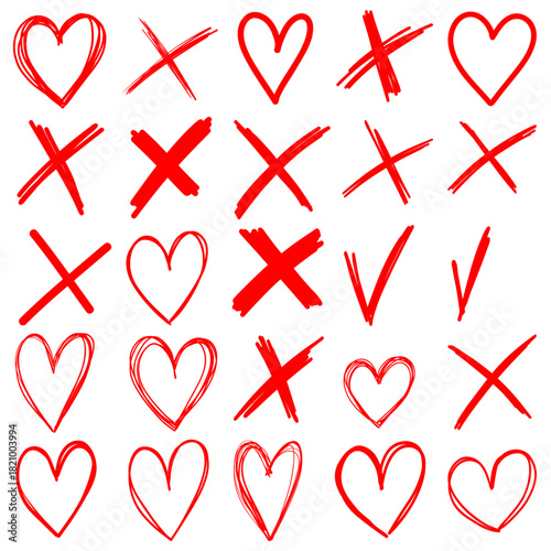 Brush stroke X cross mark and highlight heart frame. Hand drawn Doodle brush cross, ban, refusal. Marker sketch. Stock vector illustration isolated on white background.