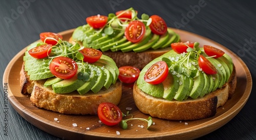 Delicious and healthy avocado toast with fresh tomatoes for breakfast
