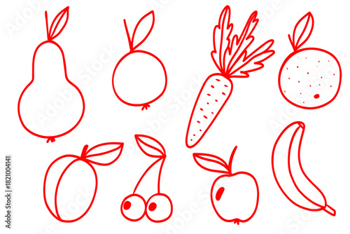 Hand drawn doodle vegetables and fruits. Healthy food. Fiber, vitamins and minerals. Vegan and vegetarian. Carrots, apples, pears, plums, bananas, cherries stock vector illustration isolated on white