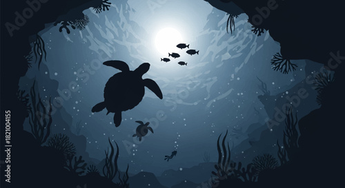 Underwater world with sea turtles silhouettes swimming in the ocean