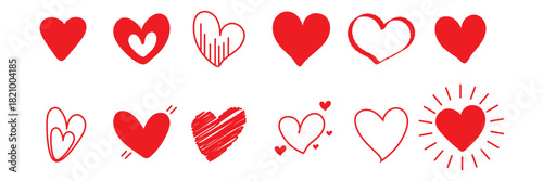Set of red hearts in different pose. Hand drawn freehand different love hearts. Chalk drawn sketch for Valentines Day and romantic. Red Color Set Icon, Best Design. EPS 10.
