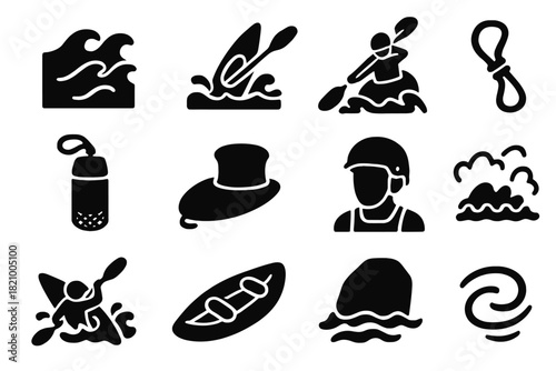 Whitewater Kayaking Icons. Solid style icons of Whitewater Kayaking: rapid river waves, kayak nose up, paddler bracing, rescue