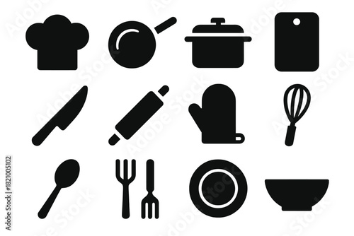 Cooking Tools Icons. Solid style icons of Food and cooking: chef hat, frying pan, pot, cutting board, knife, rolling pin, oven