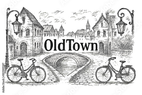 Old Town is a black and white drawing of a town with a bridge and two bicycles