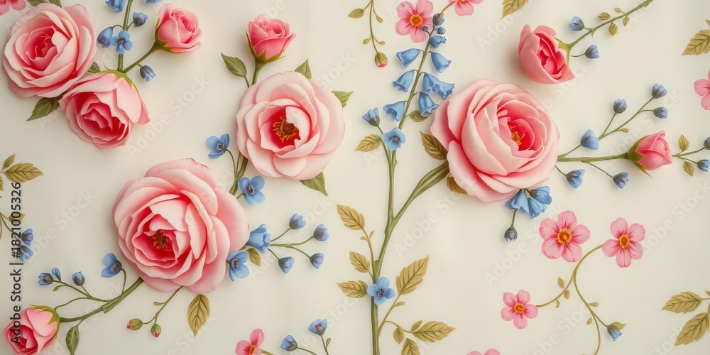 Fototapeta premium Delicate blush roses & bluebells on faded cream cotton, intricate print, delicate, fabric texture