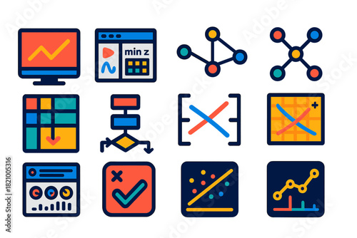 Modern Optimization Icons. Flat vector icons of optimization and modeling tools: computer with graph, simulation software, linear