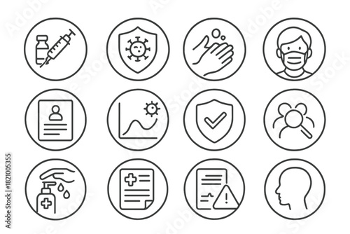 Public Health Icons. Line style round icons of public health and prevention: vaccination icon, virus shield, handwash guide, face
