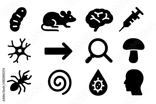 Neuroparasitology Icon Set. Solid style icons of neuroparasitology and host manipulation: parasite, rat, brain, syringe, neuron,