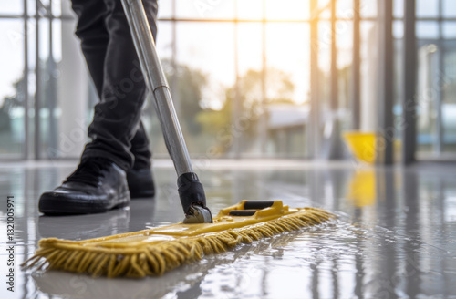 A person is mopping a shiny floor in a bright, modern building, indicating cleaning or maintenance work being done to keep the space tidy and presentable for occupants and visitors.