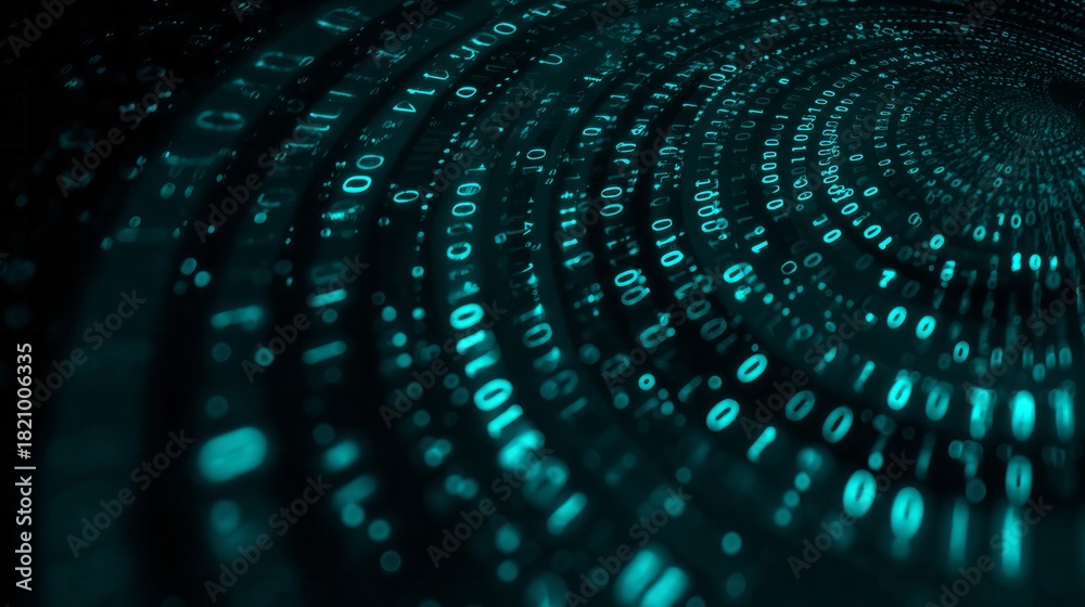 Fototapeta premium Swirling vortex of glowing cyan binary code digits recedes into darkness.