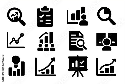 Market Research Icons. Solid style icons of Market research: magnifying chart, survey board, consumer graph, data search, trend