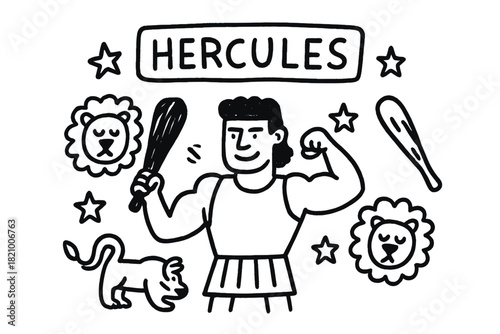 Cartoon drawing of Hercules with a bat and a lion