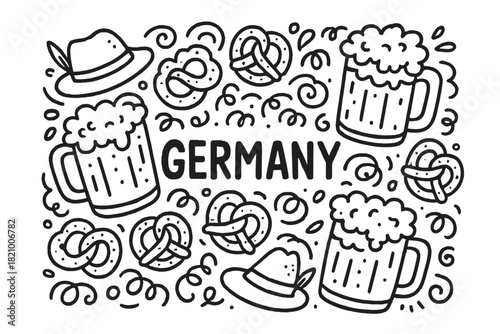 Black and white drawing of Germany with beer mugs and pretzels
