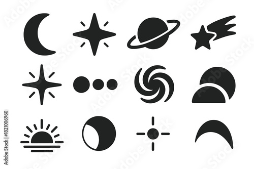 Celestial Icon Set. Solid style icons of Celestial Objects: crescent moon, glowing star, planet with ring, shooting comet,