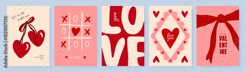 Set of Valentine's Day greeting card designs featuring heart-shaped cherries, a bow, and a tic-tac-toe game in a hand-drawn style with a grainy texture for a romantic holiday, vector illustration.