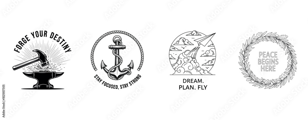 Fototapeta premium Motivational emblems: hammer, anchor, paper plane, and peace wreath illustrations