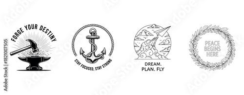 Motivational emblems: hammer, anchor, paper plane, and peace wreath illustrations