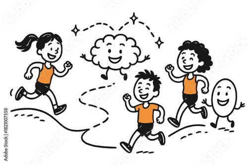 Playful Doodle Runners. Whimsical doodle flow state workshop with cheerful runners, cartoon brain and body icons smiling, tiny