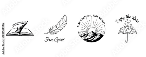 Inspirational designs featuring books, feathers, mountains, and umbrellas