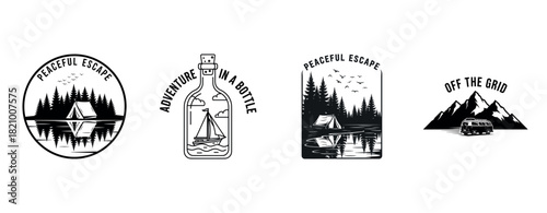 Nature adventure badges: camping, sailing, and off-grid exploration in wilderness