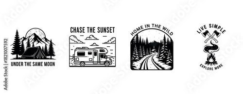 Adventure-themed camping and travel sticker designs in monochrome style