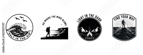 Adventure badge designs: waves, hiking, mountains, and exploration themes