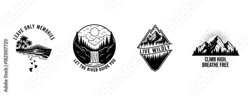 Adventure-themed badges with nature scenes and inspirational quotes