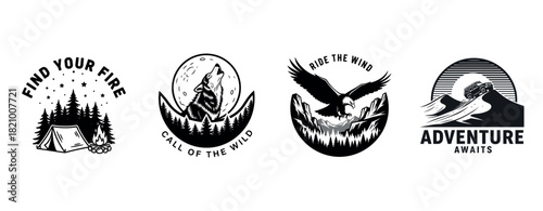 Camping and wildlife adventure badges with outdoor themes