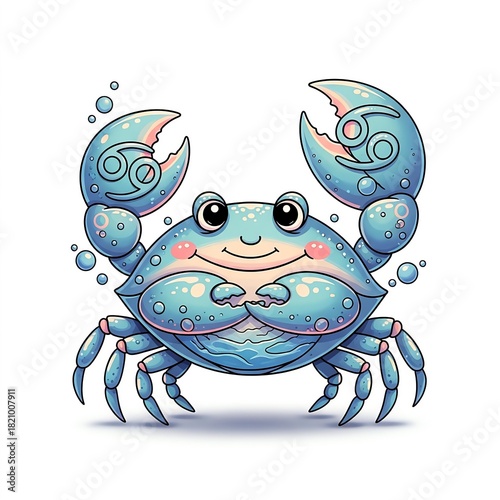 Cancer Zodiac Sign Cute Cartoon Crab Illustration, Astrology Symbol