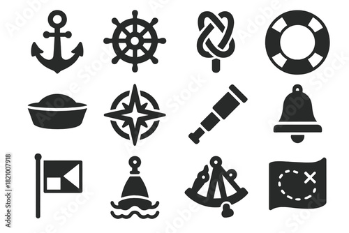 Maritime Icons Collection. Solid style icons of Maritime Life: anchor, ship wheel, rope knot, life buoy, sailor hat, compass rose,