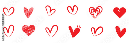 Set of red hearts in different pose. Hand drawn freehand different love hearts. Chalk drawn sketch for Valentines Day and romantic. Red Color Set Icon, Best Design. EPS 10.