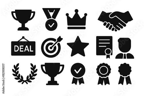 Business Achievement Icons. Solid style icons of Business success: trophy, medal, crown, handshake, deal sign, target bullseye,