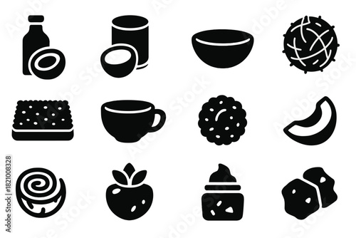 Coconut Uses Icons. Solid style icons of Coconut Uses: coconut oil, coconut milk, coconut bowl, coconut fiber, coconut mat,