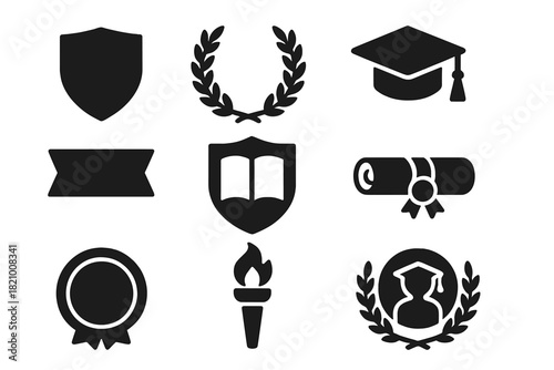 Academy Symbol Icons. Solid style icons of Academy symbols: academic shield, laurel wreath, study emblem, academy banner, book