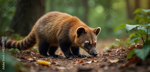 Brown coati with long ringed tail forages on forest floor, sniffing for food. Curious wild mammal explores natural habitat in green jungle. Small animal hunting on ground, searching for something to