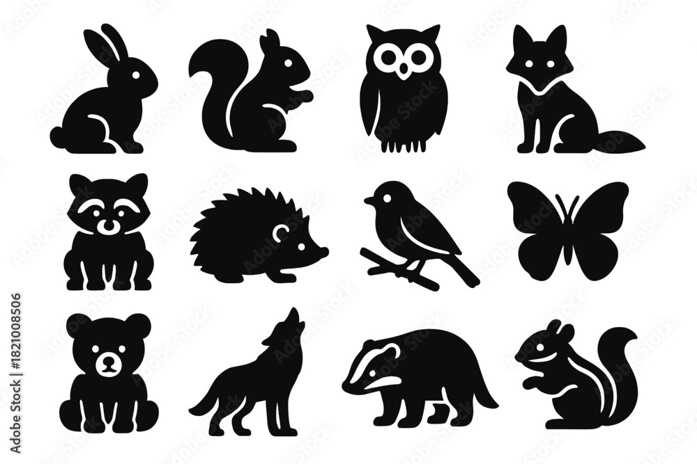 Obraz premium Woodland Wildlife Icons. Solid style icons of Woodland Wildlife: rabbit, squirrel, owl, fox, raccoon, hedgehog, bird on branch,