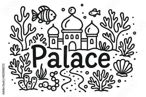 Drawing of a palace with a fish and a castle