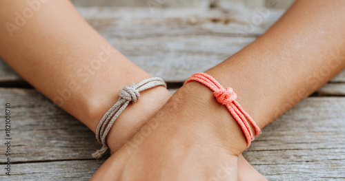 Close-up of two wrists wearing simple knotted string bracelets on rustic wooden surface background