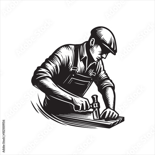vector logo illustration of a carpenter using a hammer on wood