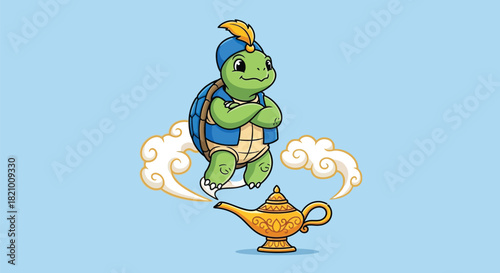 A cute cartoon turtle dressed as a genie emerging from a golden magic lamp on a cloud.