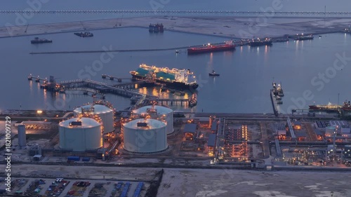 LNG (Liquified Natural Gas) tanker anchored in Gas terminal gas tanks for storage. Oil Crude Gas Tanker Ship. LPG at Tanker Bay Petroleum Chemical or Methane freighter export import transportation