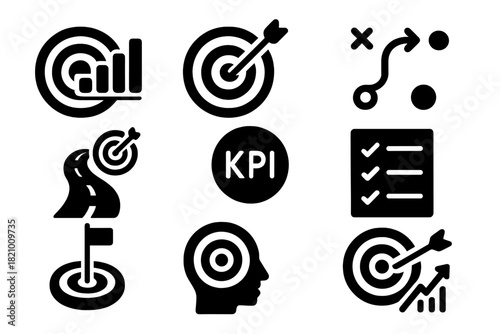Business Objective Icons. Solid style icons of Business objectives: target with chart, goal arrow, strategy plan, roadmap target,