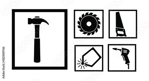 Construction tools icons: hammer, saw, welding machine, and more.