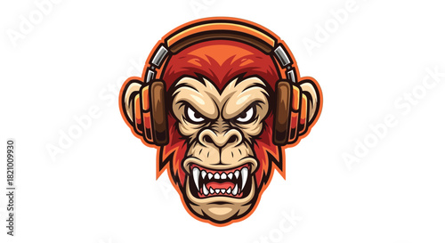An angry cartoon monkey wearing headphones with a fierce expression and bared teeth, depicted in a vibrant illustration style.