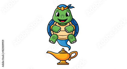 A cartoon illustration of a turtle genie emerging from a golden lamp with a blue smoke trail.