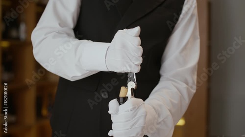 Midsection shot of hands of unrecognizable waiter or sommelier wearing elegant suit vest and white textile gloves pulling cork out of bottle using corkscrew working, in fine dining restaurant