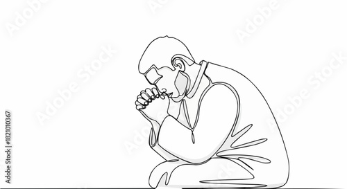 Line art of a man kneeling in prayer with hands clasped.