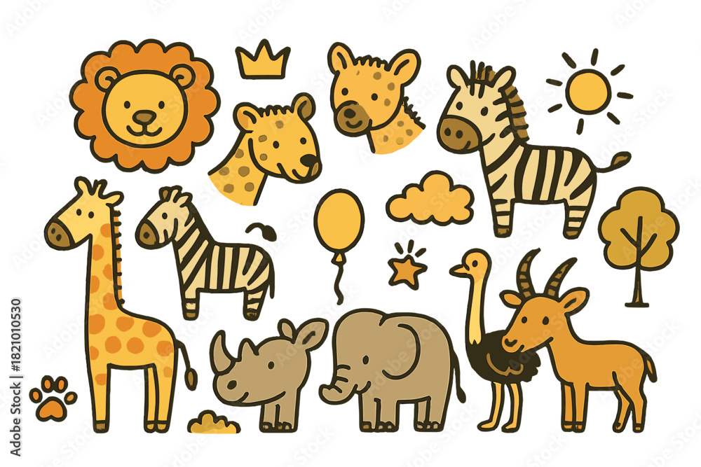 Naklejka premium Collection of cartoon animals including giraffes, zebras, and elephants