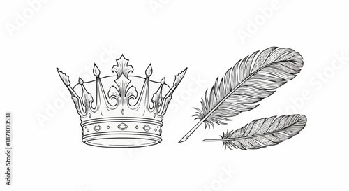 Hand drawn sketch of a royal crown and two feathers.